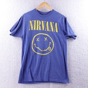 Nirvana Smiley Face Graphic T Shirt Blue Purple Heathered Womens L